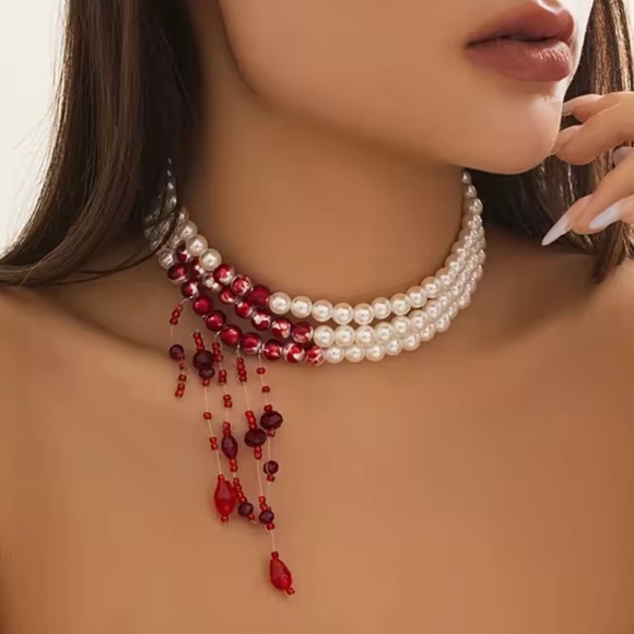 Dracula Red blood Pearl Scarlet Crystal Choker – Queen’s Statement Necklace - Picture 4 of 5